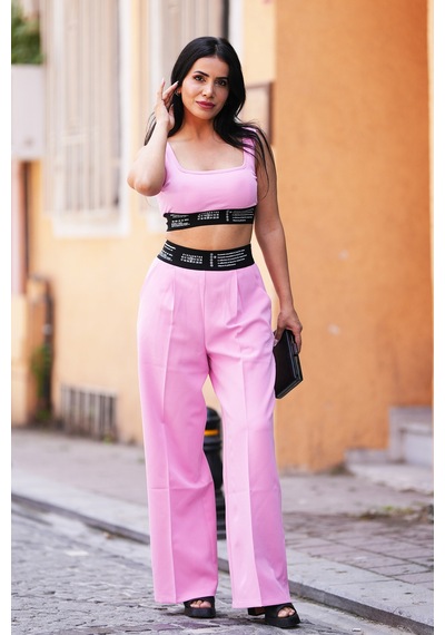 Canım Kendim Store Pembe Lastik Detaylı Crop Ve Lastik Detay Pantolon İkili Takım Pembe