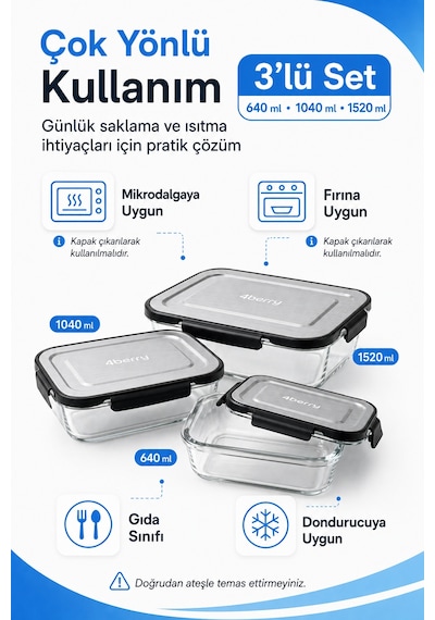 3 Lü Dikdörtgen Cam Saklama Kabı Seti 640 Ml + 1040 Ml + 1520 Ml İnoks Kapaklı Kilitli Yemek Kabı Şeffaf
