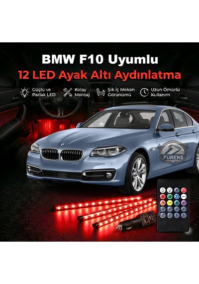 Bmw F10 Uyumlu Rgb Ayak Altı Led 12 Led Kumandalı Müzik Duyarlı Araç İçi Aydınlatma 7 Renk 12v 1