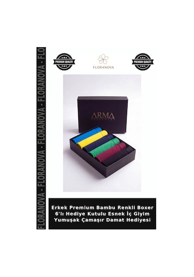 Floranova Erkek Premium Bambu Renkli Boxer 6'lı Hediye Kutulu Esnek İç Giyim Yumuşak Çamaşır Damat Hediyesi Çok Renkli