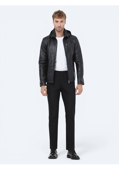 Kip Siyah Regular Fit Kapüşonlu Smart Casual Koyun Derisi Deri Mont