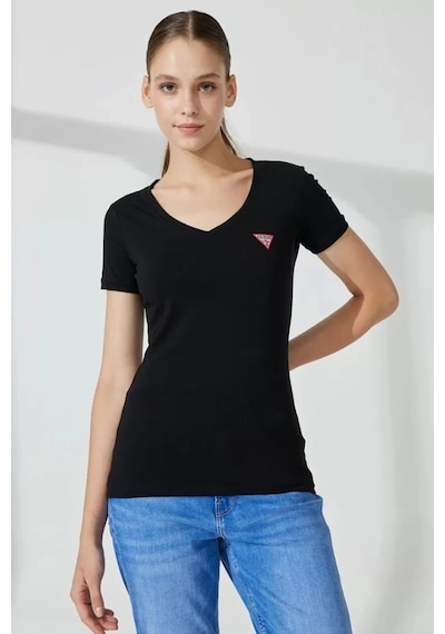 Guess Kadın Üçgen Logolu Siyah T-shirt Siyah