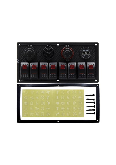 Bfy Switch Panel 8'Li +Usb+Plastik Çakmaklık+ Çakmak+ Voltmetre Kırmızı