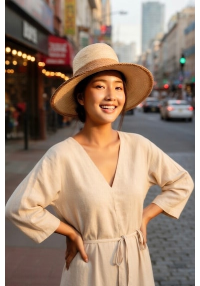 Mollycrush Kadın Camel Bantlı Dikiş Detaylı Hasır Fötr Şapka Yazlık Geniş Kenarlı Trend Plaj Modası Bej
