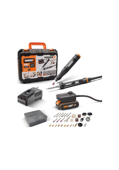 Worx WX988 MakerX 20Volt 2.0Ah Kömürsüz Profesyonel Kalem Tipi Gravür Seti + Dijital Lehim ve Ahşap Yakma Seti + 46 Parça Aksesuar