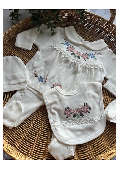 Bambik Zuhu Baby Kız Bebek Nakışlı 5 Li Hastane Çıkışı Seti Pamuk Şapka, Üst, Alt, Eldiven, Önlük Ekru