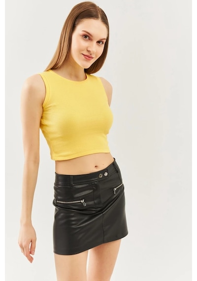 Butikgiz Kadın Sıfır Kol Bisiklet Yaka Vücuda Oturan %100 Pamuklu Kaşkorse Esnek Crop Bluz Sari