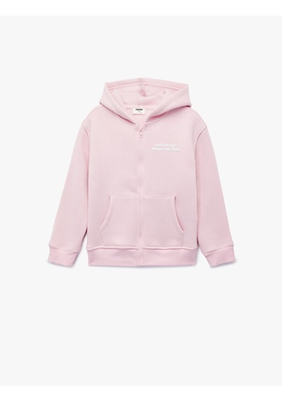 Koton Baskılı Uzun Kollu Fermuarlı Şardonlu Kapşonlu Sweatshirt Pembe 6wkg10468ak Gül