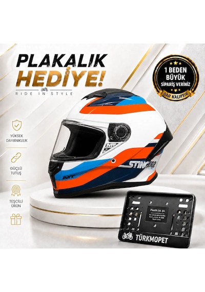 Mt Helmets Stinger 2 Solid Güneş Vizörlü Full Face Kapalı Kask + Plakalık Turuncu-mavi