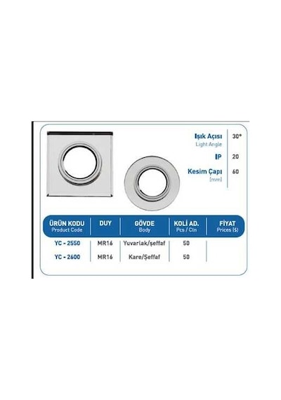 YCL YC-2600 MR16 Cam Led Spot Kasası Kare