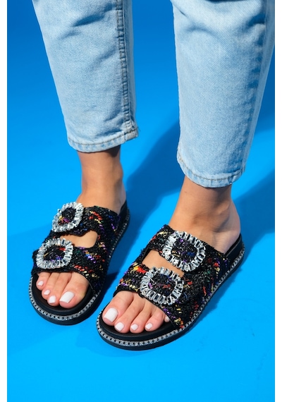 Luvishoes Dungeon Siyah Renkli Tüvit Çift Bantlı Taş Tokalı Kadın Terlik Siyah