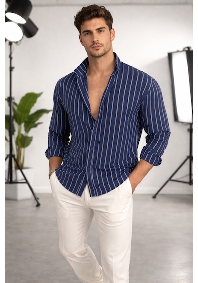 Erkek İki Çizgili Regular Relaxed Fit Uzun Kollu Gömlek Lacivert