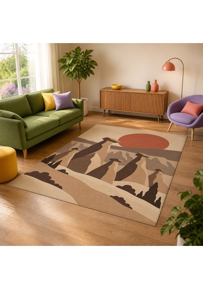 Kartela Halı Kapadokya Peri Bacası Desenli Halı Bej Kaymaz Taban Makinede Yıkanabilir 100x150 Cm