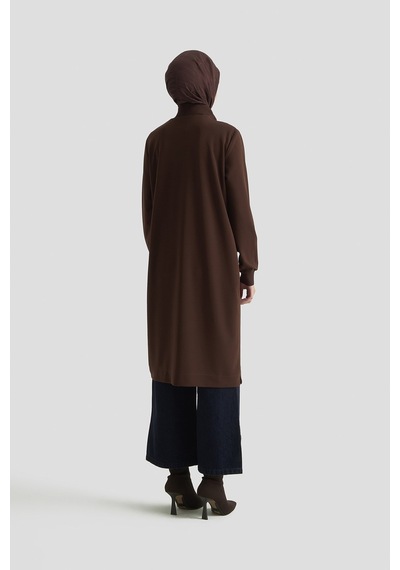 Armine Trend Yarım Fermuarlı Dik Yaka Uzun Kollu Rahat Kesim Basic Uzun Tunik 107 Cm Boy Kahverengi 26kt456