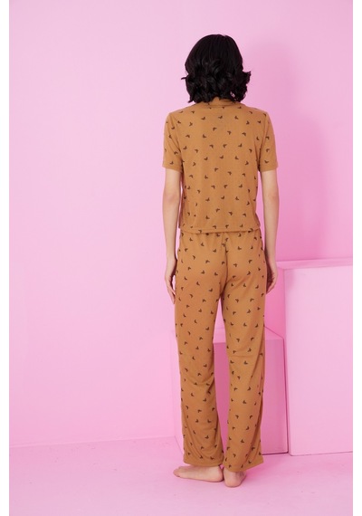 Siyah İnci Pointel Ajurlu/delikli Gömlek Yaka Örme Düğmeli Pijama Takım Kahve Kelebek