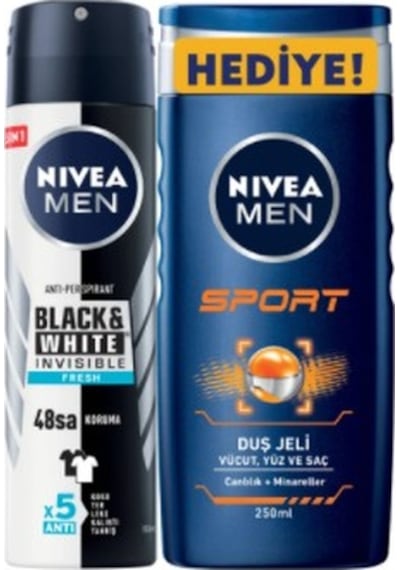 Nivea Men Black & White Invisible Fresh Erkek Sprey Deodorant 150 ML + Sport Duş Jeli 250 ML
