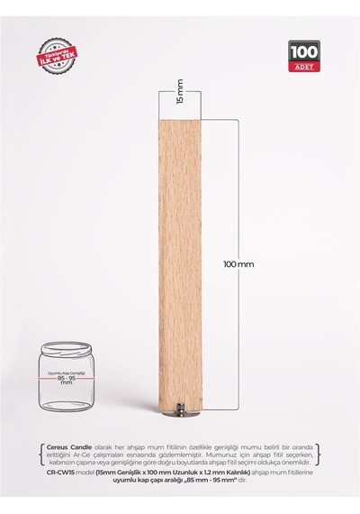 Ahşap Mum Fitili 15 Mm Genişlik Kalın Mumlar İçin, Nikel Kaplama Çelik Taban, 3m Köpük Bantlı, 100 Lü Set Cereus Ahşap