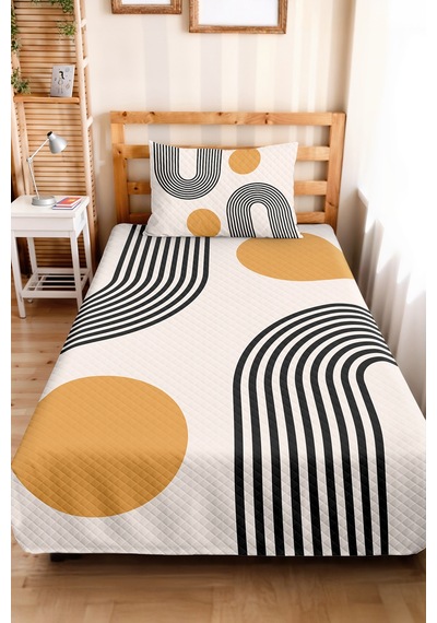 Geometrik Hardal Genç Odası Tek Kişilik Pike Takımı - Modern Siyah 160x220 Cm Kapitone Yatak Örtüsü Keten Eşik Kırıntısı