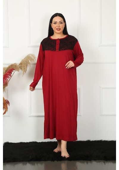 Akbeniz Big Uzun Kol Dantelli Bordo Anne Gecelik 1355