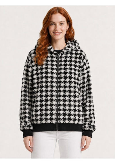 Neden Tekstil Kadın Kazayağı Desenli Kapüşonlu Fermuarlı Sweatshirt Ceket - Siyah