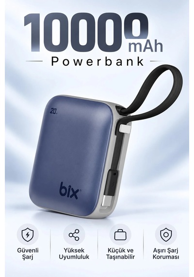 Exenar - Lacivert - Mini Powerbank 10000 Mah Cep Boy Taşınabiler Hızlı Şarj Pd 20w Dijital Göstergeli Type-c Kablolu