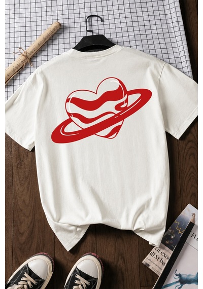 Spoyi Love Planet Tasarımlı %100 Pamuk Yarım Oversize Beyaz T-shirt
