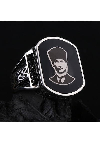Fkgümüş 925 Ayar Gümüş Başak Desenli Atatürk Erkek Yüzük Silver