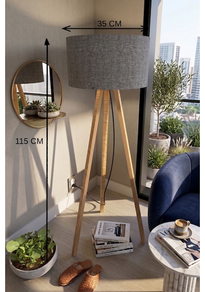 3 Ayaklı Tripod Lambader Koyu Gri Kumaş Başlık