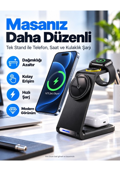 3 Ü 1 Arada 15w Manyetik Kablosuz Şarj Standı Telefon Akıllı Saat Ve Kulaklık Uyumlu Usb-c