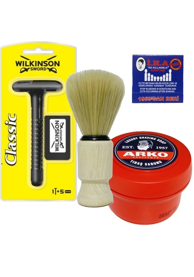 Wilkinson Classic Tıraş Makinesi, Arko Kase Tıraş Sabunu, Ahşap Tıraş Fırçası, Kibrit Kantaşı, Tıraş Seti
