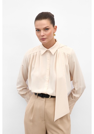 Sateen Fularlı Gömlek - Bej-136900 bej
