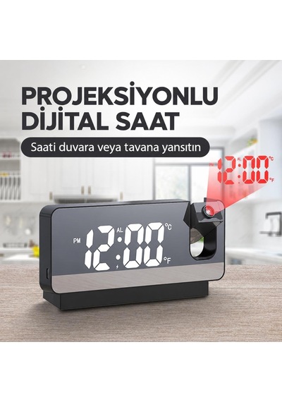 Projeksiyonlu Dijital Alarm Saat Led Ekranlı Termometreli Çift Alarmlı Siyah Diğer