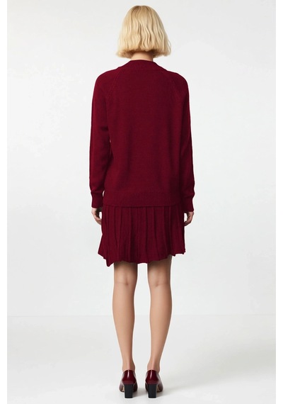 Benerly Kadın Oversize Reglan Kollu Dik Yaka Pileli Etek Kazak Takımı Rah bordo
