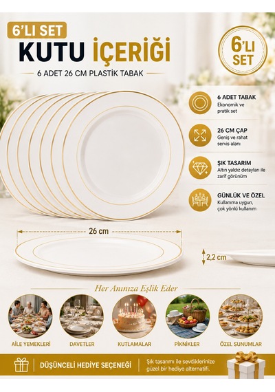 6'lı Altın Yaldızlı Plastik Tabak 26 Cm Porselen Görünümlü Kullan At Parti Davet Servis Tabağı