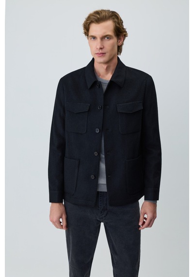 Morven Erkek Siyah Trend Yünlü Safari Model Dinamik Fit Gömlek Ceket 27ks022001001 Siyah