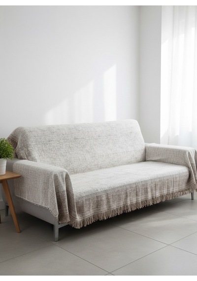 My Evilla Bej Vizon Koltuk Örtüsü Kanepe İçin Kaymaz Tabanlı Şık Dokulu Saçaklı Modern Salon Örtüsü 170x220cm Bej