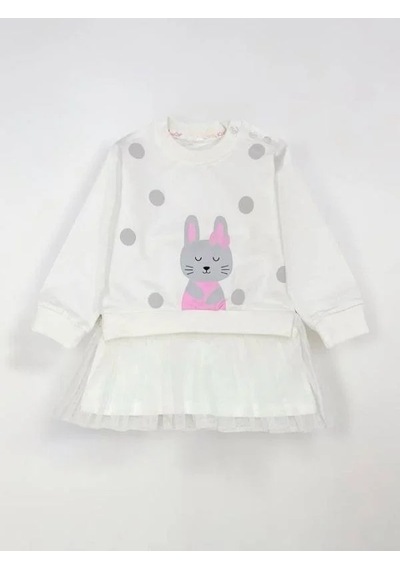 Breeze Kız Çocuk Tavşan Desenli Eteği Tüllü Sweat Elbise-15362 Beyaz