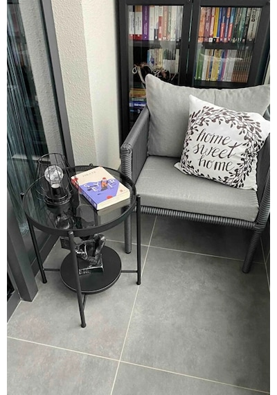 Nordic Yan Sehpa Temperli Cam 40 Cm Demonte Çizilmez Kırılmaz Metal Çerçeve Raflı Minimalist Sehpa - Siyah Siyah