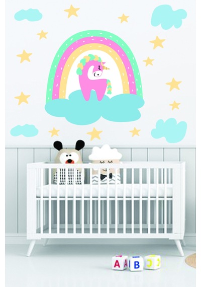 Gökkuşağı Unicorn Bulut Ve Yıldızlar Duvar Sticker