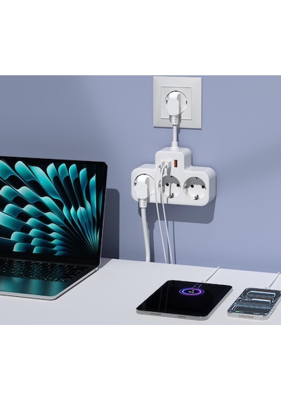 S-link Prz07 Beyaz 3 Soketli 15mm 1 Usb 2 Type-c Pd20w 1050 Joule Tam Bakır Kablolu Akım Korumalı Priz S-link
