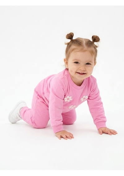 HelloBaby Pamuklu Papatya Detaylı 2li Kız Bebek Takım Pembe