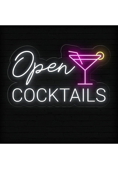 Open Cocktaıls Yazılı Ve Şekilli Neon Tabela Beyaz