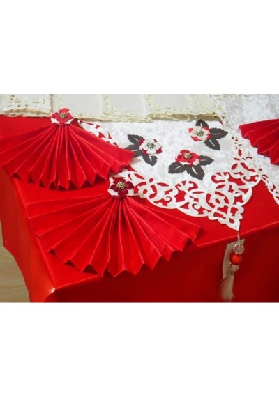 Afife Kadife Krem Kırmızı Sofra Takımı 8 Kişilik 160x230cm 34 Prç.- 373 Çok Renkli