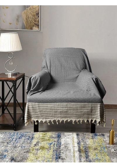 Buldan İşi Kolları Örten Pamuklu Tekli Koltuk Berjer Örtüsü 180x150 Cm Pamuk Dokuma Antrasit Antrasit