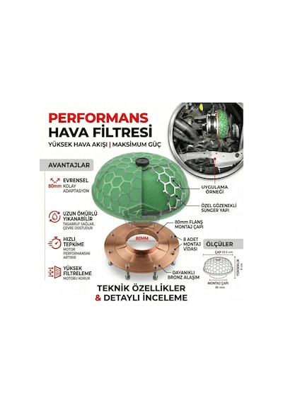 Hks Universal Performans Ve Ses Arttırıcı Aparatlı Açık Hava Filtresi +6 Hp Yeşil Mantar Tip 80 Mm