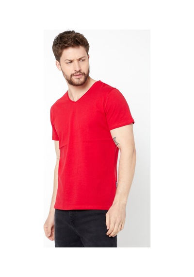 Erkek Indigo %100 Pamuk Basıc Regular Fit Pamuklu Kısa Kollu V Yaka T-shirt Kırmızı
