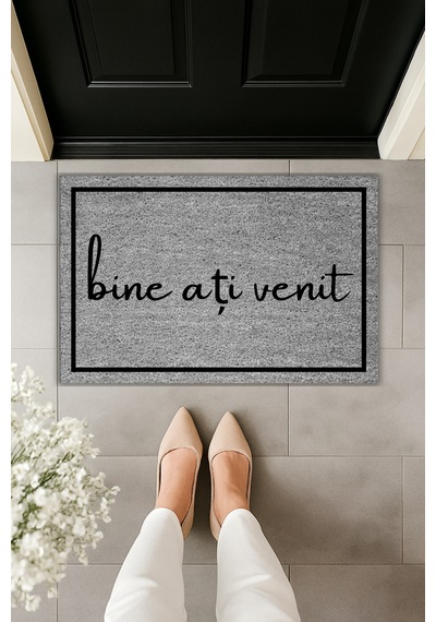 Rugmood Modern Dijital Baskı Çerçeveli Bine Ați Venit Yazılı Kapı Önü Paspası Gri