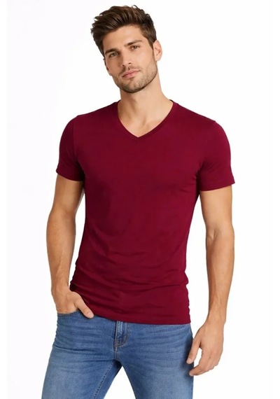 Modi Erkek T-shirt V Yaka Slim Fit Dar Kesim Likralı Tişört Günlük Basic Body - Bordo Açık Bordo