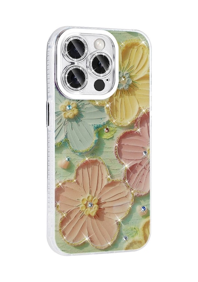 Zore Apple Uyumlu iPhone 15 Pro Kılıf Çiçek Desenli Parlak Taşlı Sert Silikon Garden Kapak - P Pembe Açık