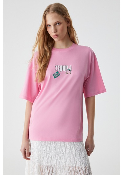 Grımelange CAITLYN Kadın Oversize Bisiklet Yaka Pembe T-Shirt